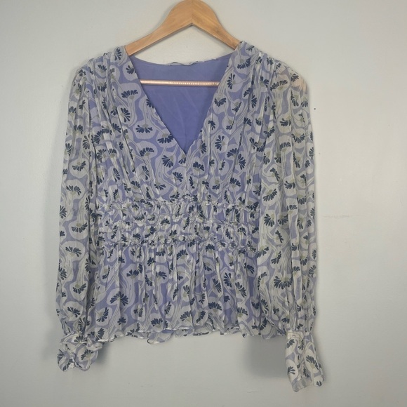 Rebecca Taylor Floral Silk Blouse Chiffon Peplum Bell Sleeve Size 2 Coquette - Picture 2 of 12